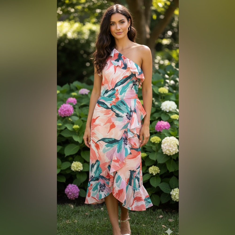 Adelyn Rae Floral Coral, Green, Pink Midi Dress Size S NWT